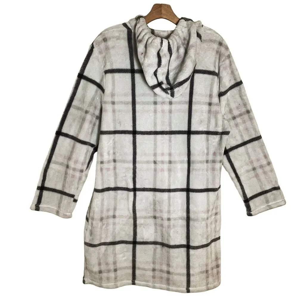 Nautica Hooded Plush Fleece Plaid Tunic Robe Sz XL Womens Kangaroo‎ Pocket Soft